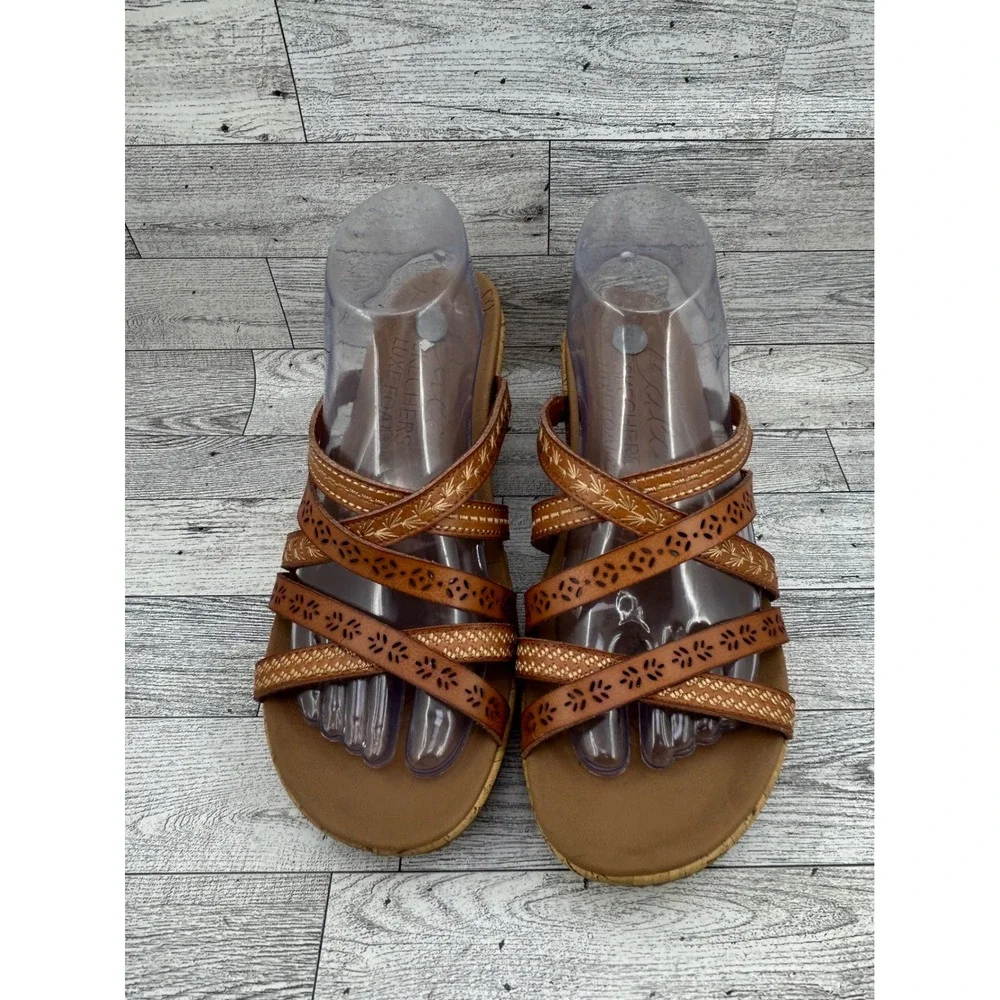 Skechers Cali Luxe Foam Luggage Brown Strappy Wedge Sandals 31714 Women Sz 9.5